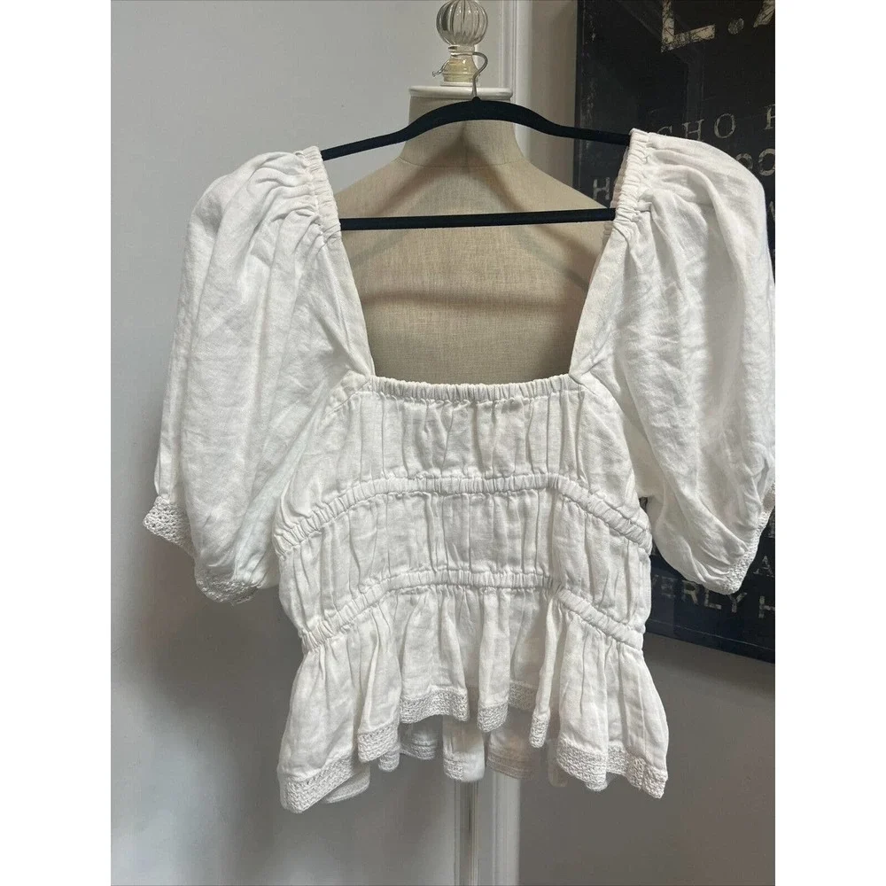ULLA JOHNSON Harley Crochet-Trimmed Linen Top Size 4 Ivory White